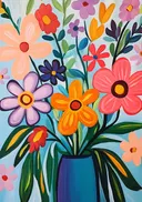 Schilderij van bonte bloemen in een blauwe vaas