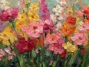 Schilderij van een bonte bloemenweide met veel kleuren