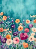 Dichte bloemenweide met paarse, oranje, roze en witte bloemen op turquoise