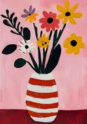 Schilderij van bonte gerbera's in een vaas