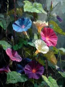 Schilderij met bonte paarse, roze en witte ochtendglorie-bloemen tegen een donkere achtergrond
