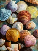 Stilleven schilderij van een bonte verzameling kleurrijke schelpen