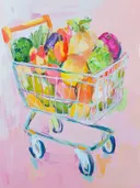 Schilderij van een winkelwagentje gevuld met groenten en fruit waaronder artisjok, paprika en granaatappel.