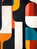 Boogvormen op wit in oranje en teal, abstract schilderij