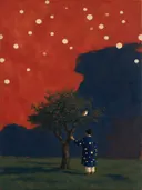 Boom en figuur in vermiljoen en indigo, landschap schilderij