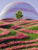 Een boom in een roze bloemenveld voor een grote gestreepte planeet aan de horizon.