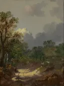 Boomachtig landschap met een rustende herder bij een zonnig pad en schapen van Thomas Gainsborough: landschap met bomen en schaapherder