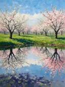 Landschapsschilderij, boomgaard in bloesem in de vroege lente