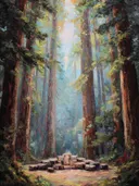 Schilderij van een kring van boomstronken in het bos