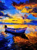 Schilderij van een boot bij een gouden zonsondergang