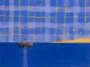 Schilderij van bootje op zee in kobalt en saffraan, in vlakke kleurvlakken