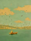 Schilderij van bootje op zee in salie en oker, in vlakke kleurvlakken