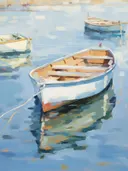 Schilderij van witte roeibootjes die dobberen op kalm water met spiegeling.