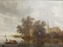 Bord de rivière avec une église van Salomon van Ruysdael: landschap met rivier, kerk, bomen en bootje, in gedempt grijs en groen
