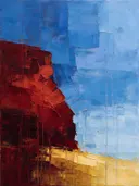 Abstract landschap in bordeaux en hemelsblauw