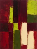 Abstract schilderij met het paletmes in bordeaux en limoen