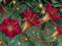 Schilderij van bordeauxrode trompetbloemen met gouden adering in een groen bos