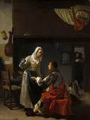 Bordeelscène van Frans van Mieris the Elder: interieur met vrouw, soldaat, kamer en luit, in donker bruin met rood