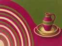 Schilderij van borden en kan in magenta en olijfgroen