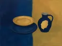 Schilderij van borden en kan in nachtblauw en goud, in vlakke kleurvlakken