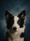 Studioportret van Border Collie van voren, tegen een geschilderd doek in inktblauw