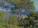 Bordighera van Claude Monet: landschap met bomen, zee, kust en olijfbomen, in blauw en groen