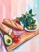 Schilderij van een houten snijplank met stokbrood, ham, avocado, tomaat en olijven op een blauw bord.