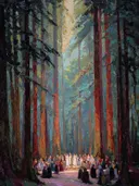 Schilderij van een ceremonie tussen de bomen in een bos