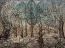 Bos I van Jacoba van Heemskerck: landschap met bos, bomen, takken en winter, in gedempt grijsgroen