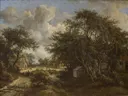 Bosachtig landschap met boerderijen aan een sloot van Meindert Hobbema: stad