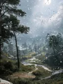 Schilderij van een bosbeek in de sneeuw onder maanlicht