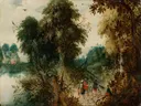 Bosgezicht met reizigers van Toegeschreven aan Abraham Govaerts: landschap met bos, bomen, rivier en reizigers, in groen en warm bruin