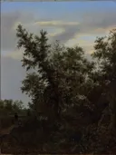 Bosgezicht van Jacob van Ruisdael: landschap met bomen, struiken, bos en zandpad, in donker bruingroen