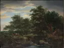 Bosgezicht van Jacob van Ruisdael: landschap met bos, bomen, beek en wolken, in bruingroen met blauw