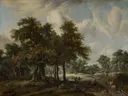 Boslandschap met boerenhoeven van Meindert Hobbema: landschap met bomen, huisjes, zandweg en wolken, in gedempt groen en bruin