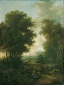 Boslandschap met een wegkapelletje van Christian Hilfgott Brand: landschap