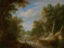 Boslandschap met figuren van Alexander Keirincx / Cornelius van Poelenburgh: landschap met bos, bomen, rivier en figuren, in groen en blauw