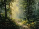 Schilderij van een bospad tussen dennen en loofbomen met zonlicht in de verte