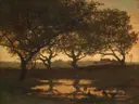 Bosvijver bij zonsondergang van Gerard Bilders: landschap met vijver, bomen, zonsondergang en water, in goudbruin en donkergroen