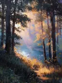 Landschapsschilderij van een stil bosmeer met gouden avondlicht tussen de bomen