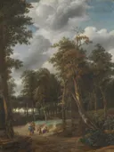 Bosweg van Johannes Lingelbach: landschap met bosweg, bomen, wolken en wandelaars, in gedempt groen en grijs