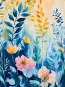 Aquarel schilderij van bloemen en blauwe bladeren op een blauwe achtergrond