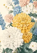Botanische prent van een bloemenboeket met dahlia's en hortensia