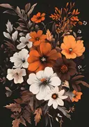 Schilderij van een botanisch boeket op zwarte achtergrond