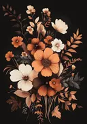 Schilderij van een botanisch najaarsboeket op zwart
