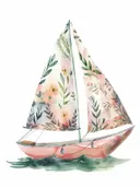 Schilderij van een zeilboot met bloemenprint zeilen, kinderkamer wanddecoratie