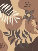 Illustratie van bladeren en een bloem in bruine en crème kleuren op een organische achtergrond.