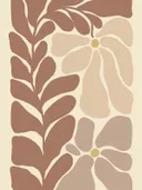 Illustratie van een bladtak en twee bloemen in roze en taupe tinten op een crème achtergrond.