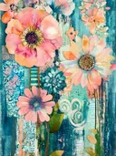 Diverse roze en perzikkleurige bloemen op een turquoise geschilderde achtergrond