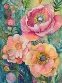 Botanisch collage schilderij met bladvormen in koraal, roze en goud op een donkergroene achtergrond